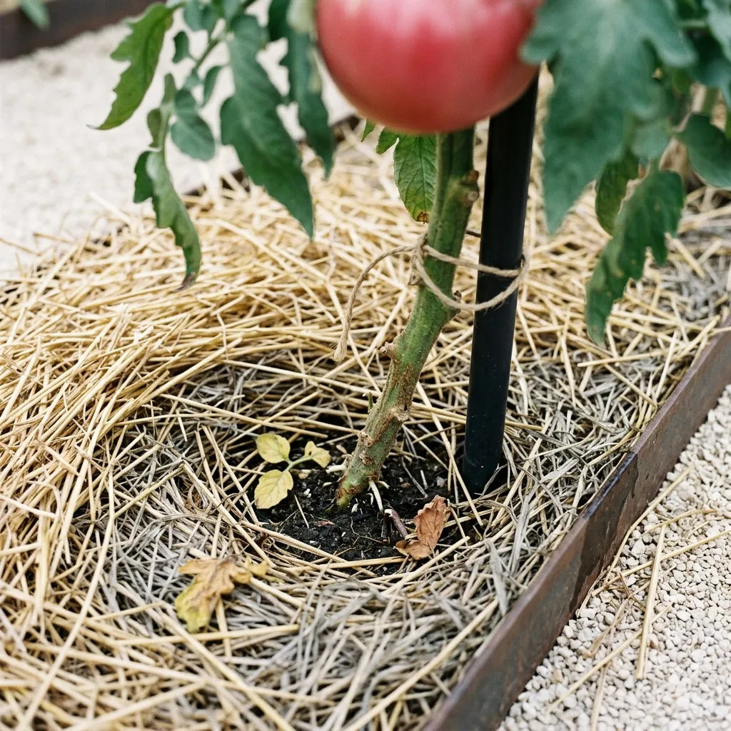 Paillage de paille épais et cuvette d'arrosage au pied d'un plant de tomate, avec racines adventives à la base de la tige — SemiSauvage