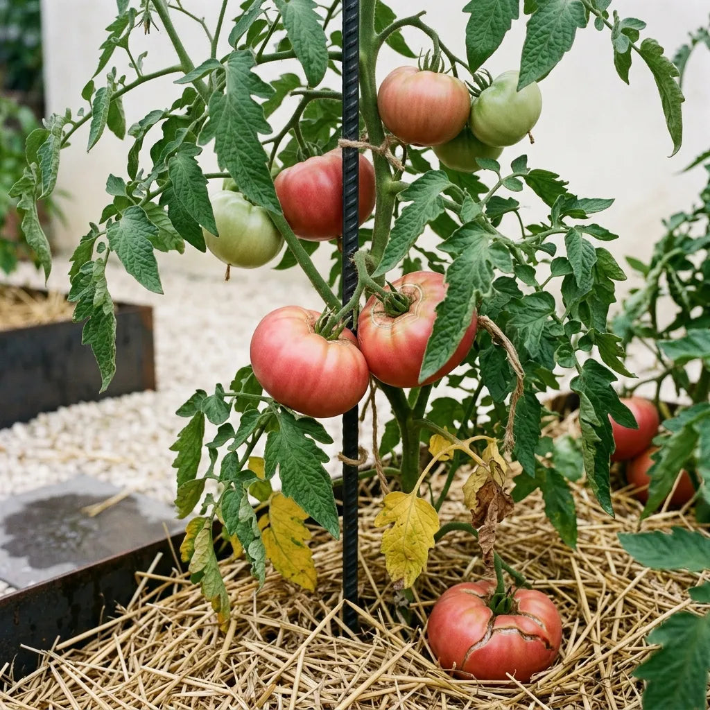 Pied de tomate Rose de Berne tuteuré et paillé au potager, bouquets ployant sous le poids des gros fruits roses — SemiSauvage