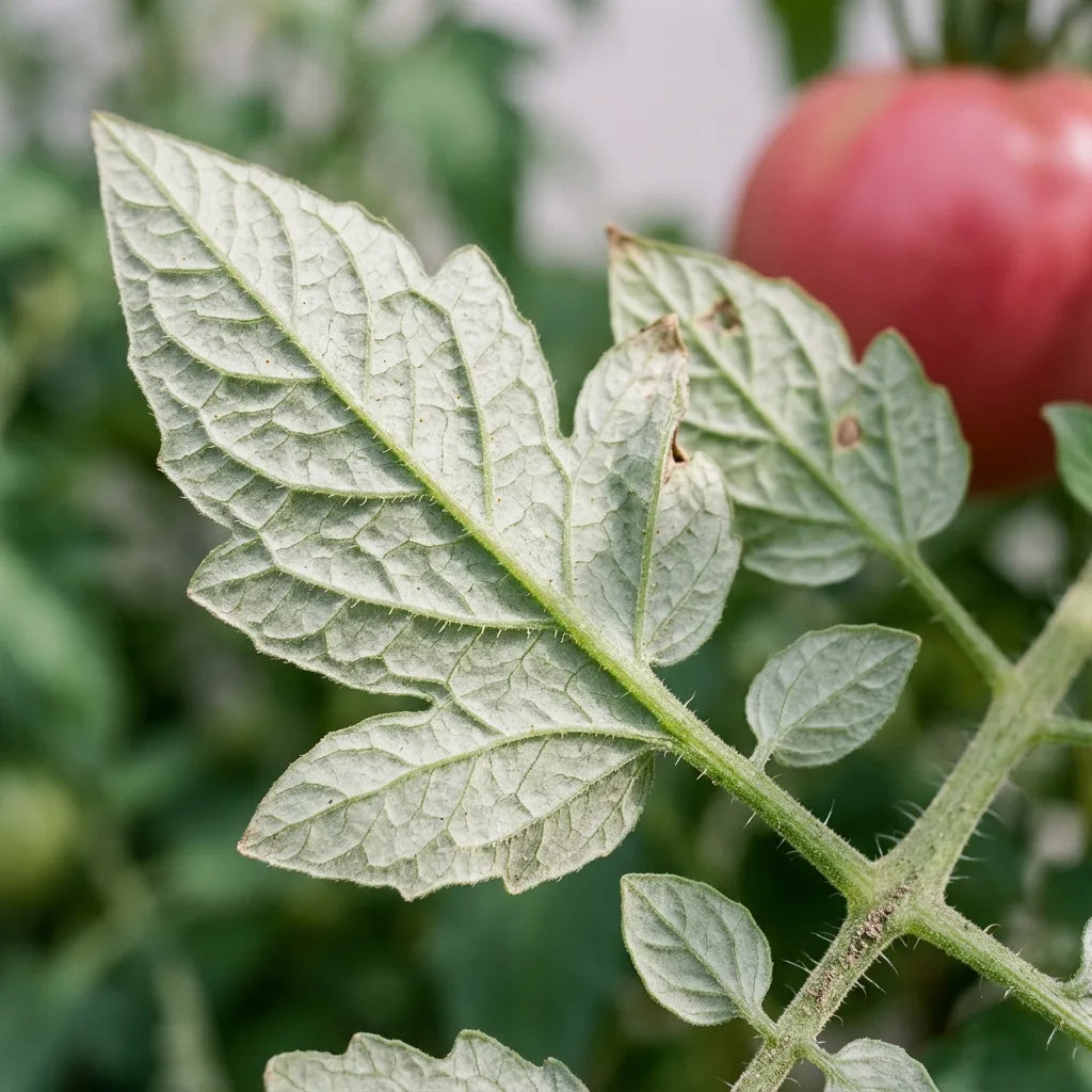 Revers d'une feuille composée de tomate : nervures saillantes, folioles inégales et poils glanduleux sur le rachis — SemiSauvage