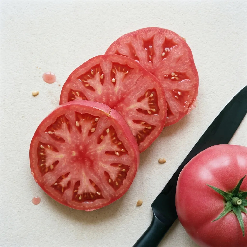 Tranches épaisses de tomate Rose de Berne : chair rose foncé charnue, très peu de pépins et peau réduite à un liseré mince — SemiSauvage