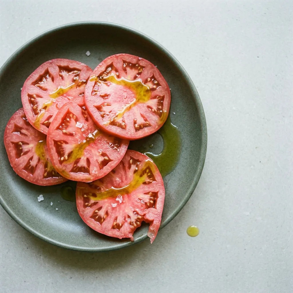 Tranches crues de Rose de Berne à l'huile d'olive et à la fleur de sel, sans rien d'autre, dans une assiette de grès mat — SemiSauvage