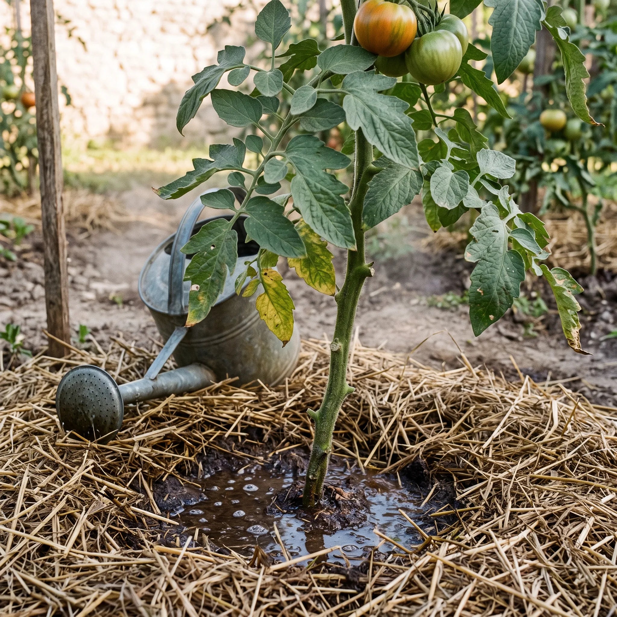 Arrosage au pied de la tomate sur paillage epais, feuillage laisse parfaitement sec