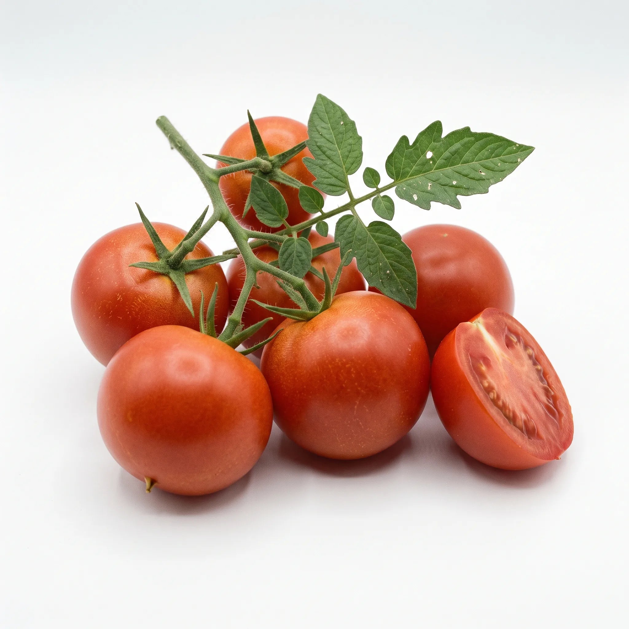 Tomates Saint-Pierre rondes et lisses sur fond blanc, grappe et demi-fruit a chair ferme