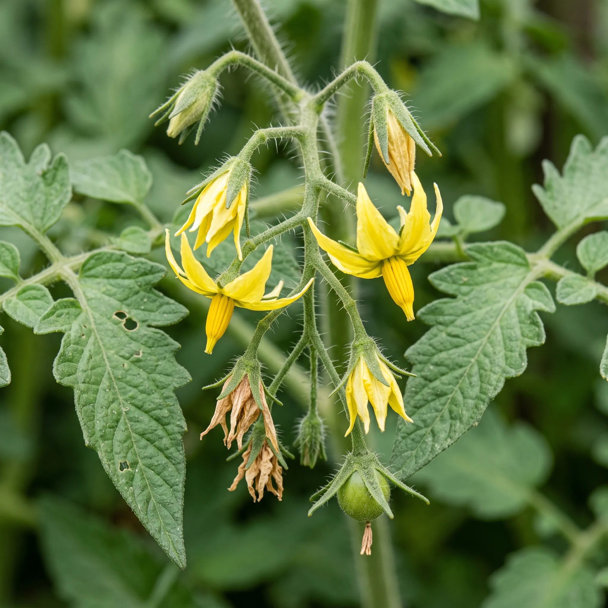 Bouquet floral de tomate Saint-Pierre, cone d anthères jaune et debut de nouaison
