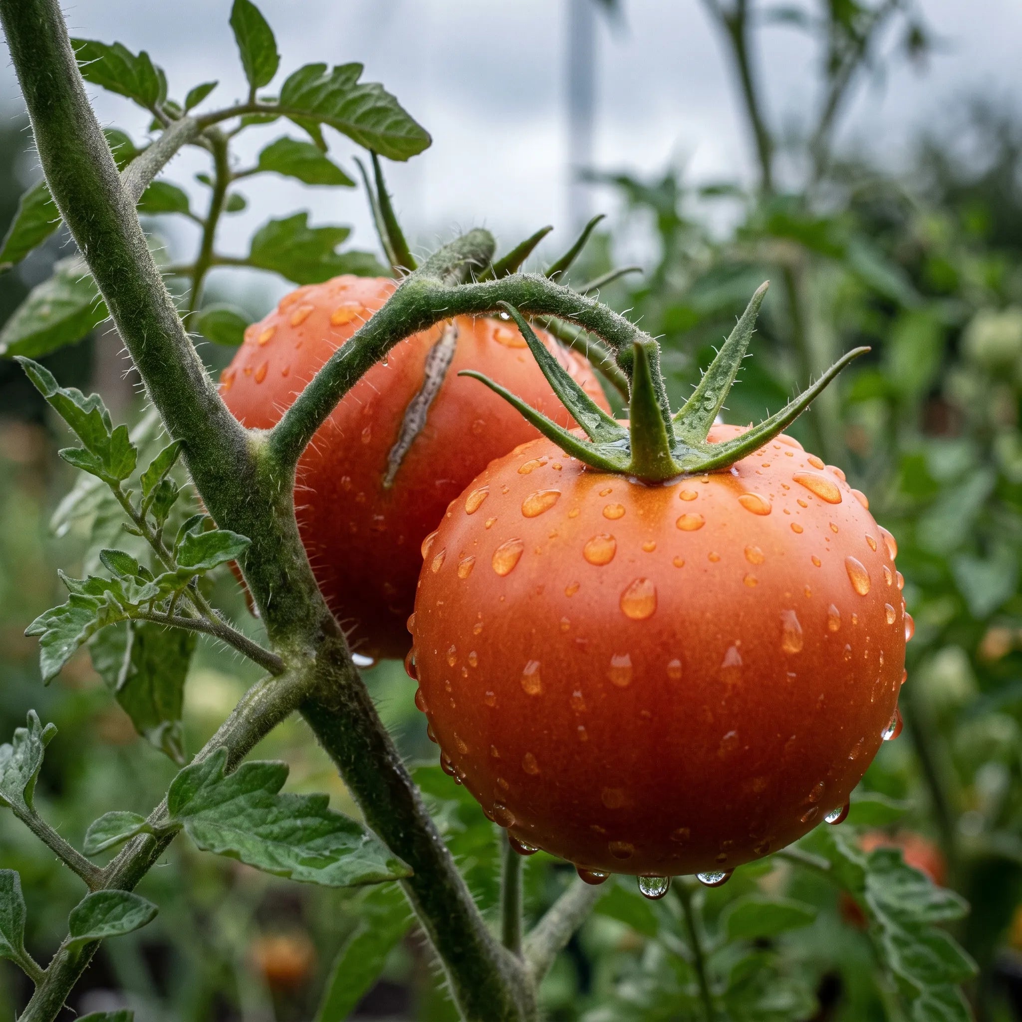Tomate Saint-Pierre apres une averse, peau solide intacte sans eclatement