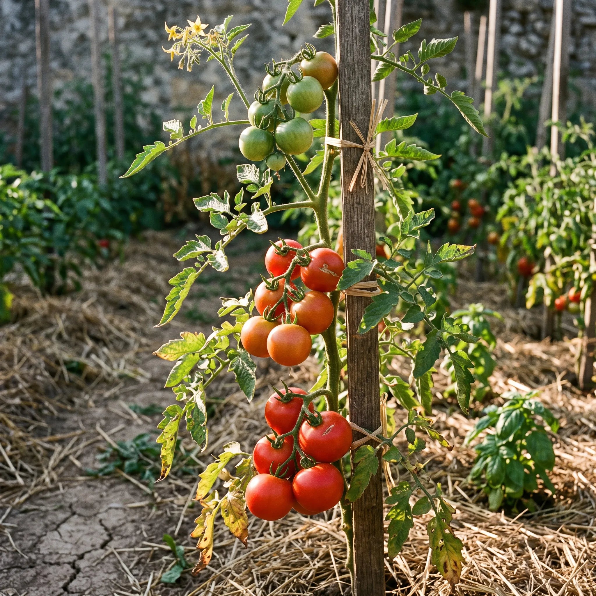 Pied de tomate Saint-Pierre croulant sous les bouquets, tuteure au potager