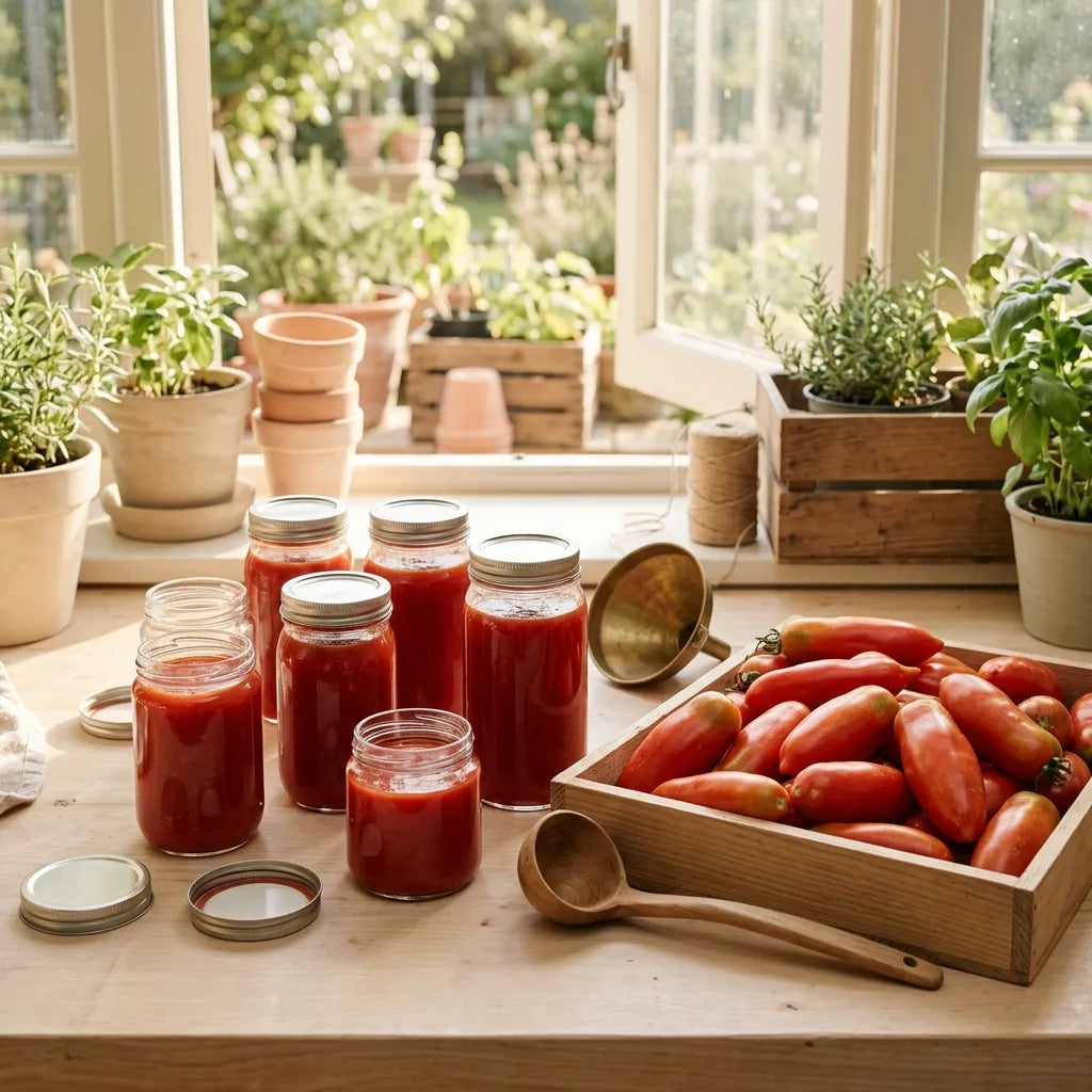 Bocaux de coulis de tomates San Marzano dans un atelier de jardin