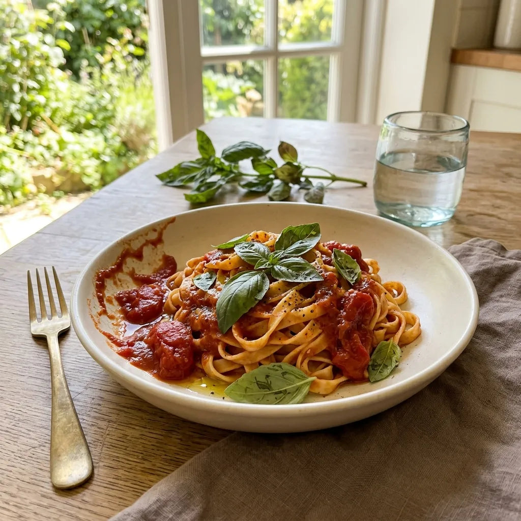 Assiette de pâtes à la sauce de tomates San Marzano et basilic