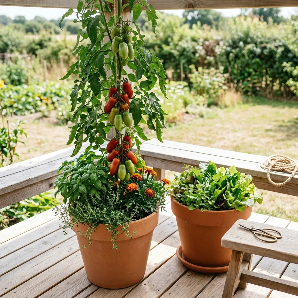 Tomate San Marzano cultivée en pot de terre cuite sur une terrasse en bois