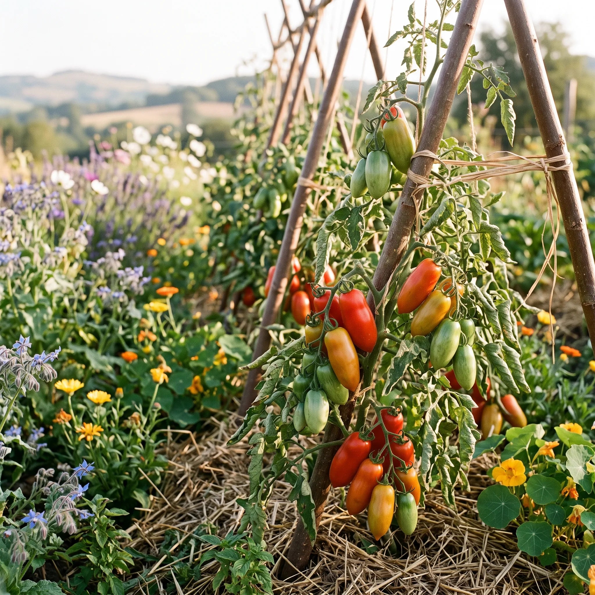 Rangée de tomates San Marzano palissées sur tuteurs dans un potager de permaculture