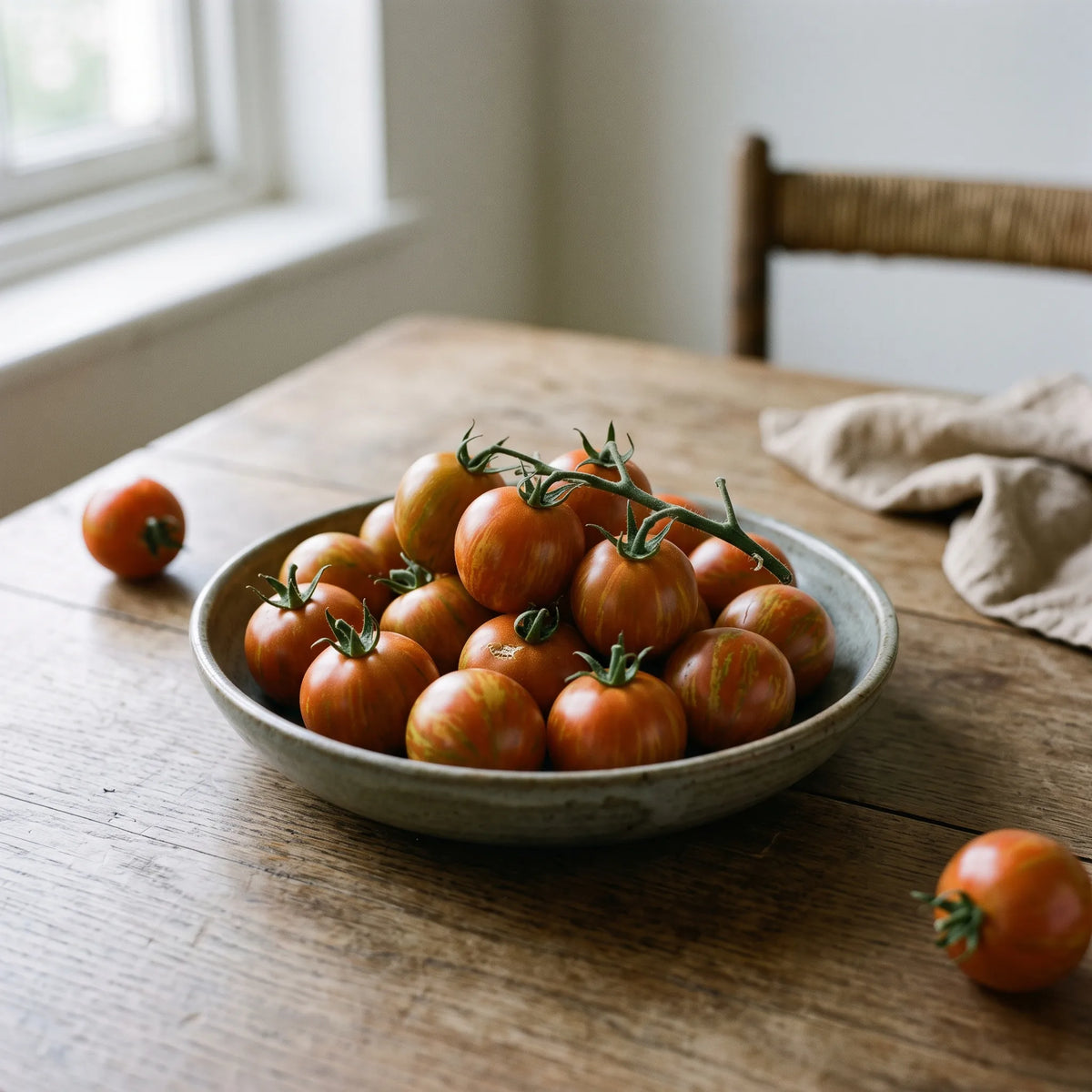 Tomates Tigerella conservees a temperature ambiante dans une coupe de ceramique