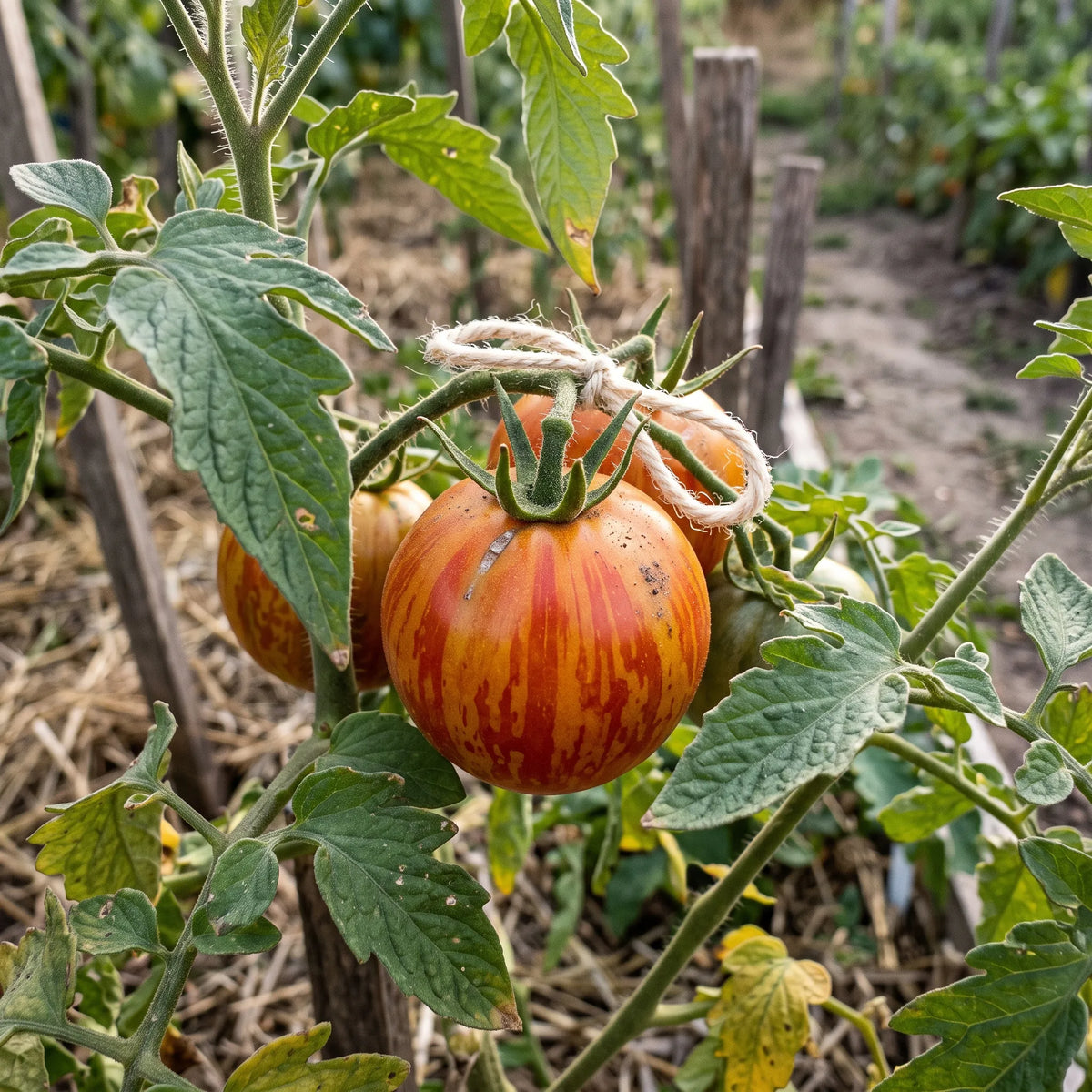 Fruit porte-graines de tomate Tigerella selectionne sur le pied et repere par un fil de laine