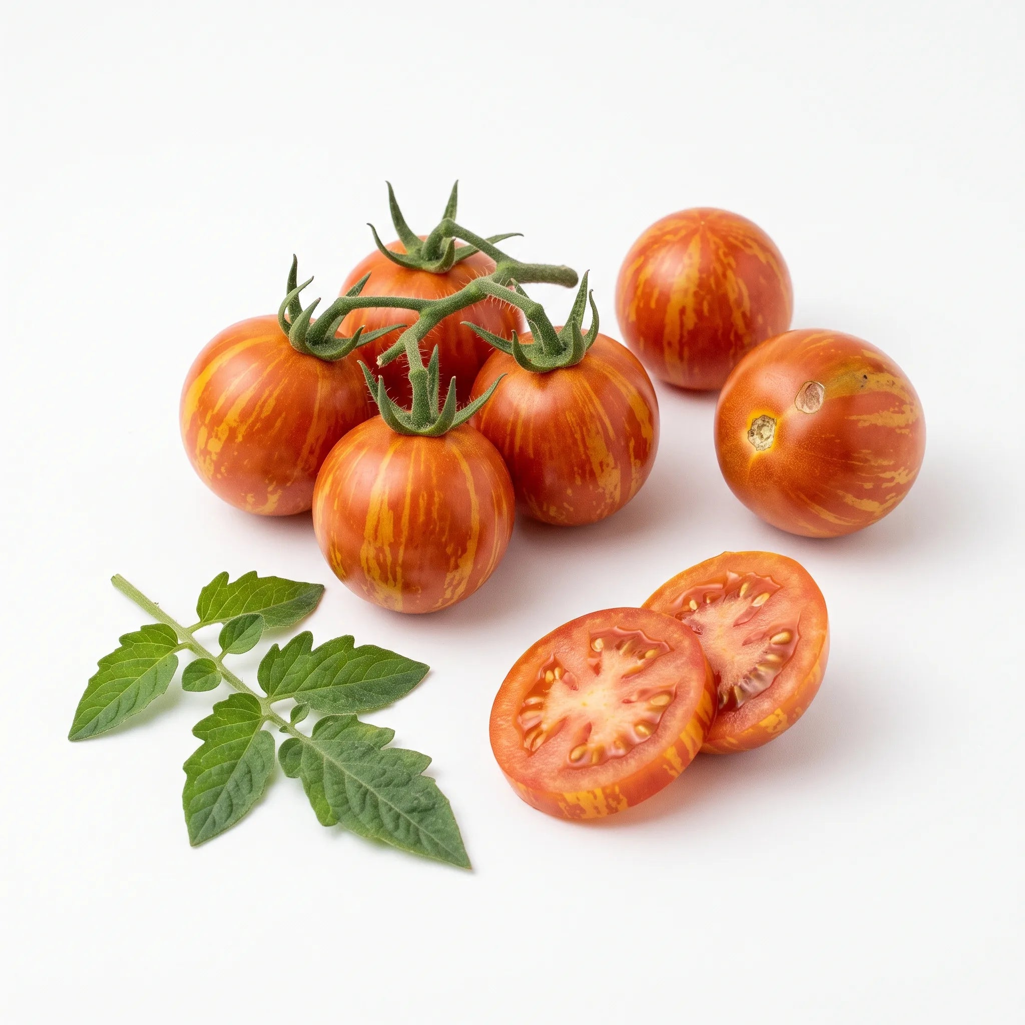 Tomates Tigerella zebrees de rouge orange et de jaune dore sur fond blanc, grappe et rondelles