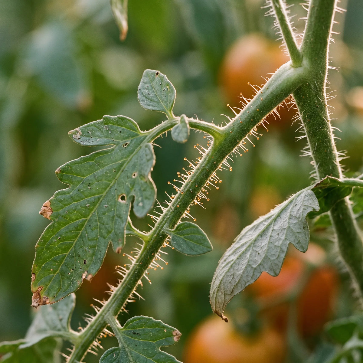 Macro du feuillage de tomate Tigerella et de ses poils glanduleux a tete ambree