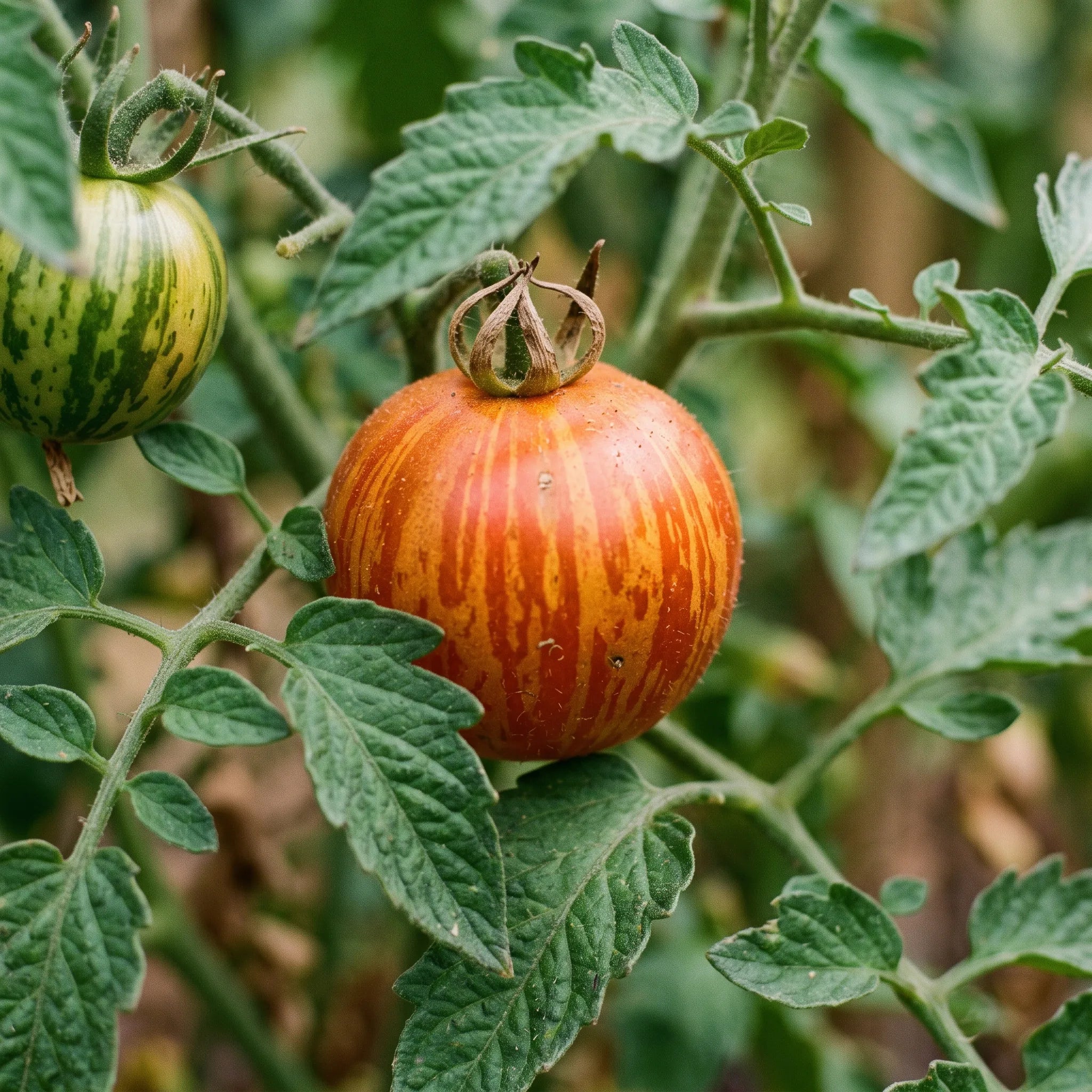 Macro d une tomate Tigerella, zebrures jaune dore rayonnant depuis le calice