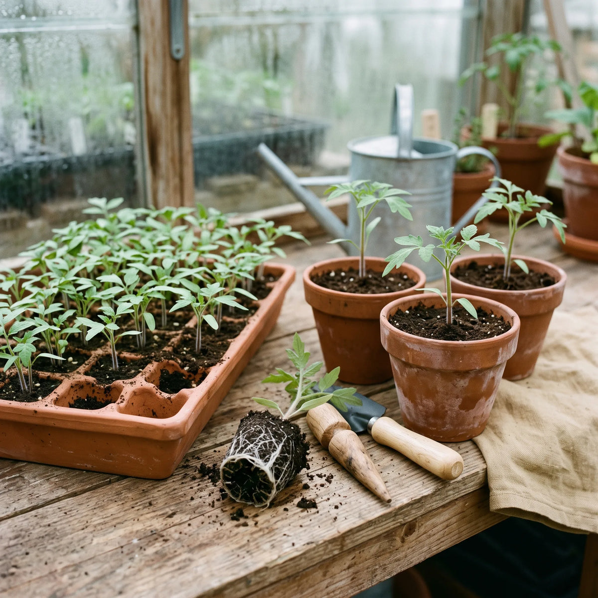Repiquage des jeunes plants de tomate Tigerella au stade deux vraies feuilles