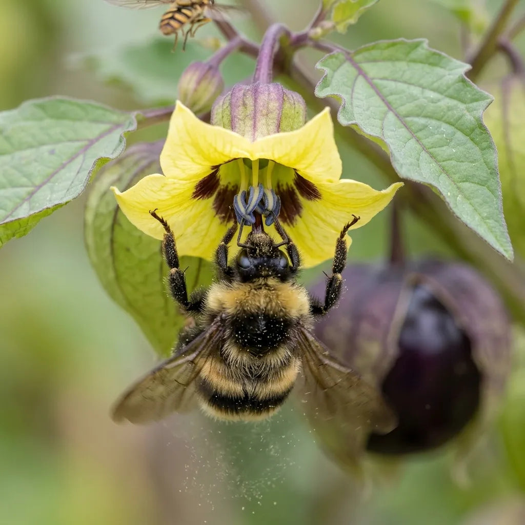 Bourdon pollinisant par vibration une fleur de tomatillo pourpre — SemiSauvage