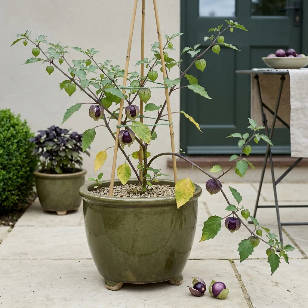 Tomatillo pourpre cultivé en grand pot émaillé sur une terrasse — SemiSauvage