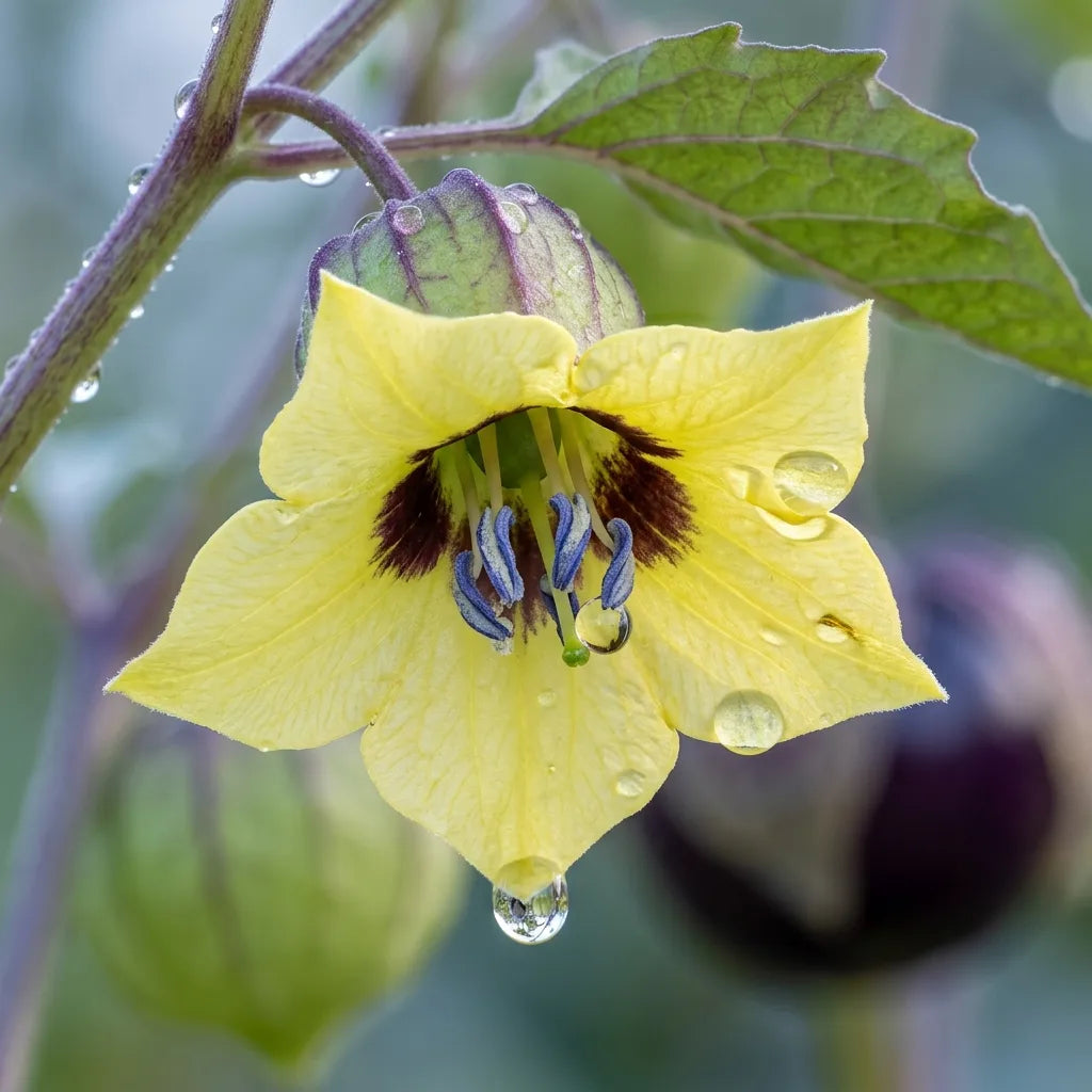 Macro d'une fleur de tomatillo à gorge pourpre et anthères bleues, couverte de rosée — SemiSauvage