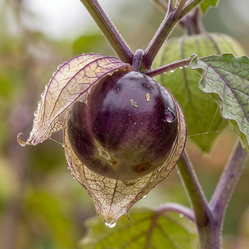Macro d'un tomatillo pourpre mûr faisant éclater son enveloppe de parchemin — SemiSauvage