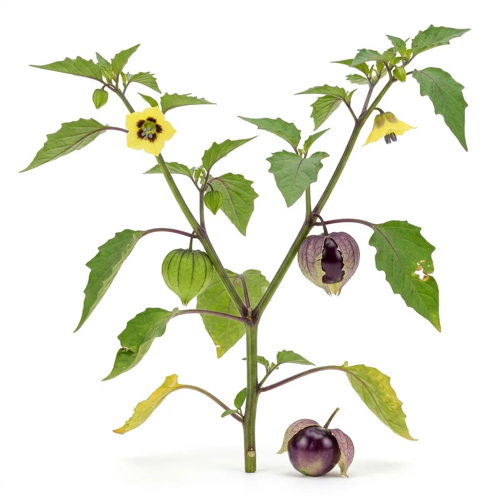 Plante entière de tomatillo pourpre (Physalis ixocarpa) et fruit éclatant son enveloppe, sur fond blanc — SemiSauvage