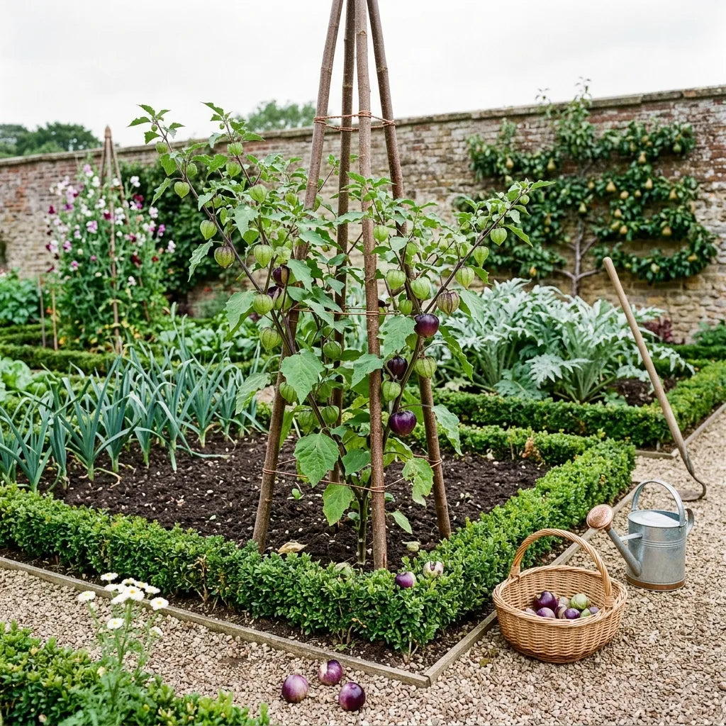 Tomatillos pourpres palisés sur obélisque dans un potager clos élégant — SemiSauvage
