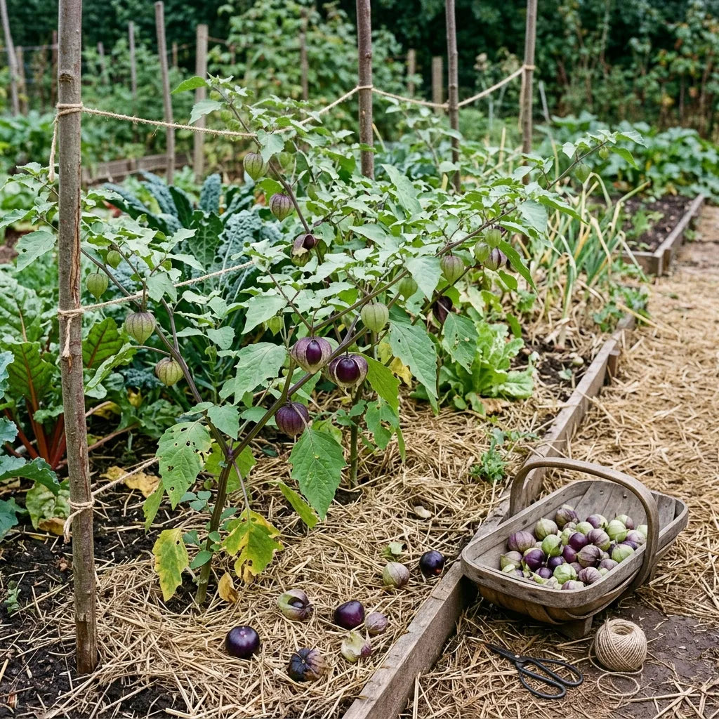 Pieds de tomatillo pourpre tuteurés dans une planche de potager en permaculture — SemiSauvage