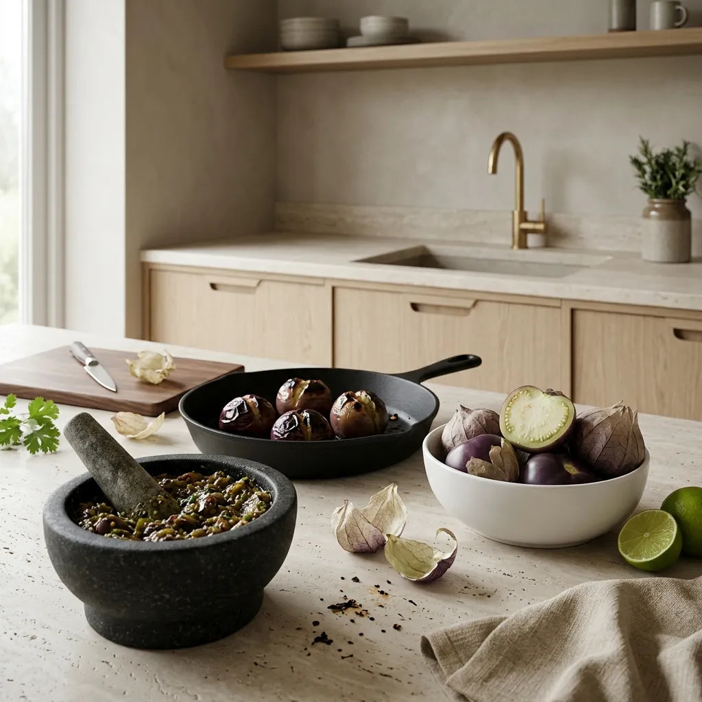 Salsa de tomatillos pourpres grilés au mortier dans une cuisine contemporaine — SemiSauvage