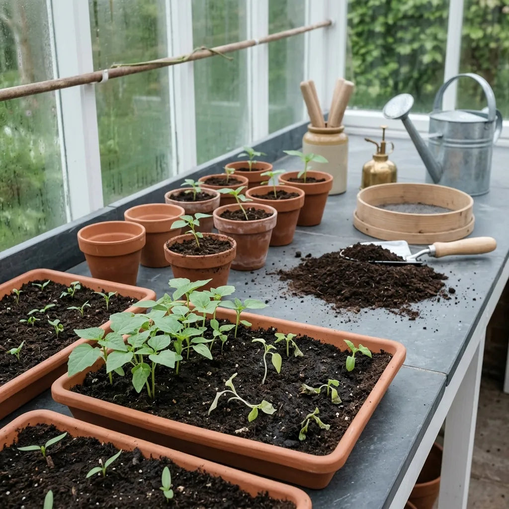 Semis et repiquage de jeunes plants de tomatillo en godets sous serre — SemiSauvage