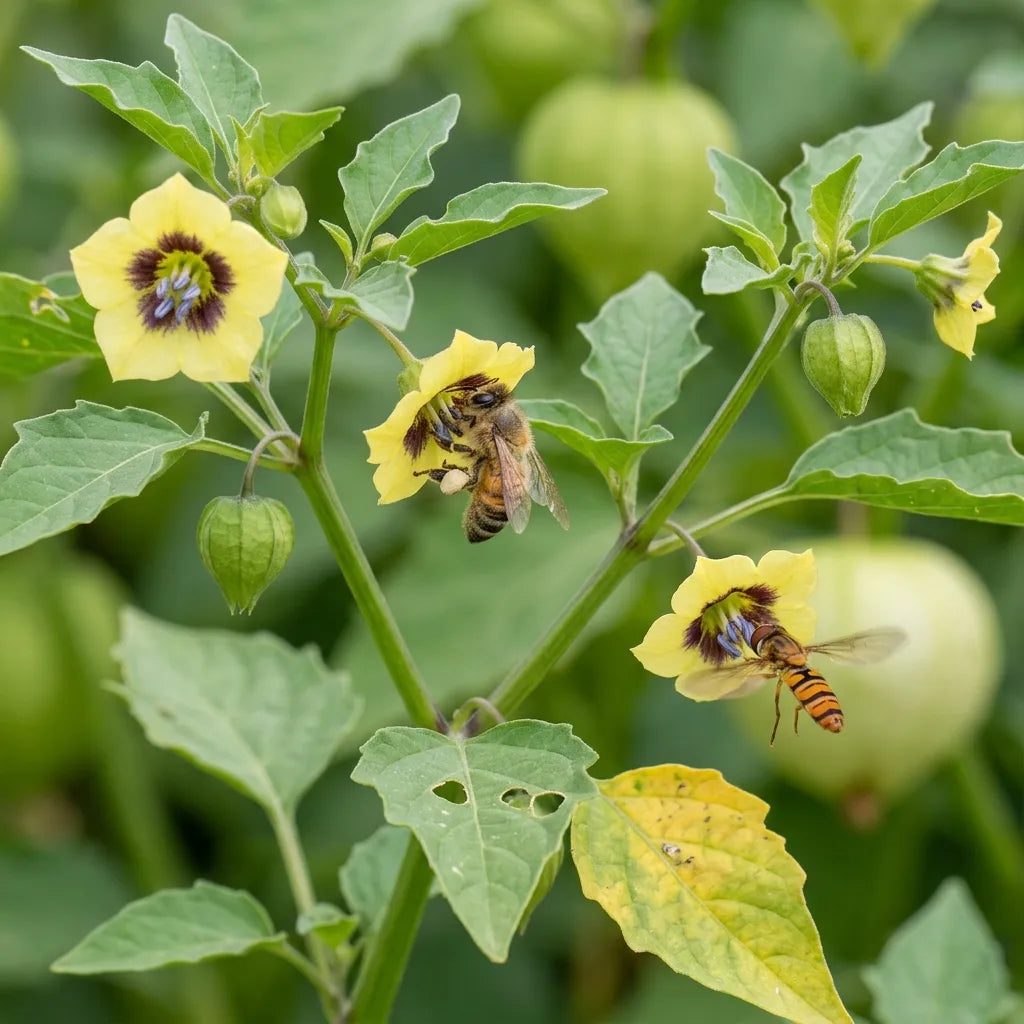 Abeille et syrphe butinant les fleurs de tomatillo verte — SemiSauvage