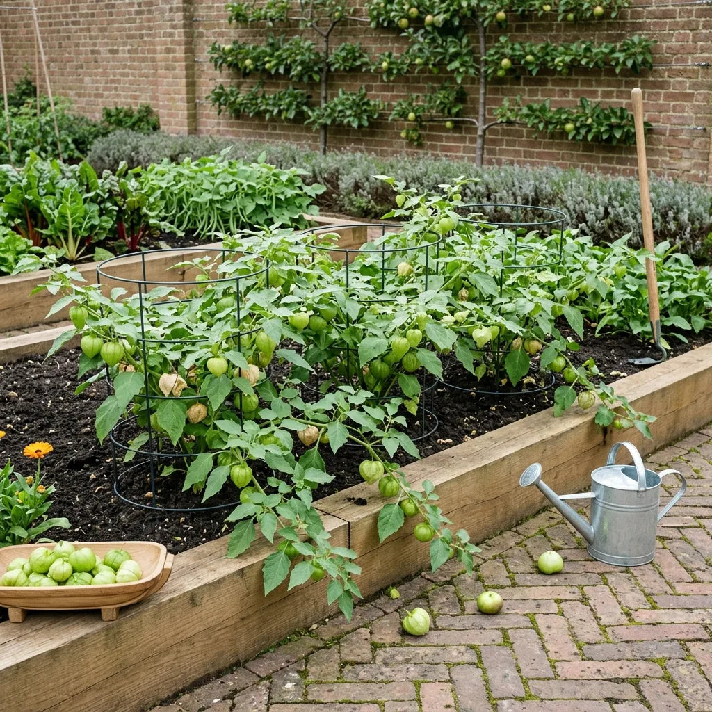 Tomatillos verts en carré surélevé dans un potager contemporain — SemiSauvage