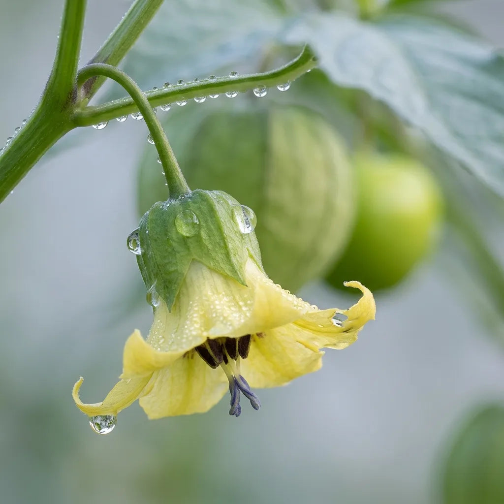 Macro de profil d'une fleur de tomatillo couverte de rosée — SemiSauvage