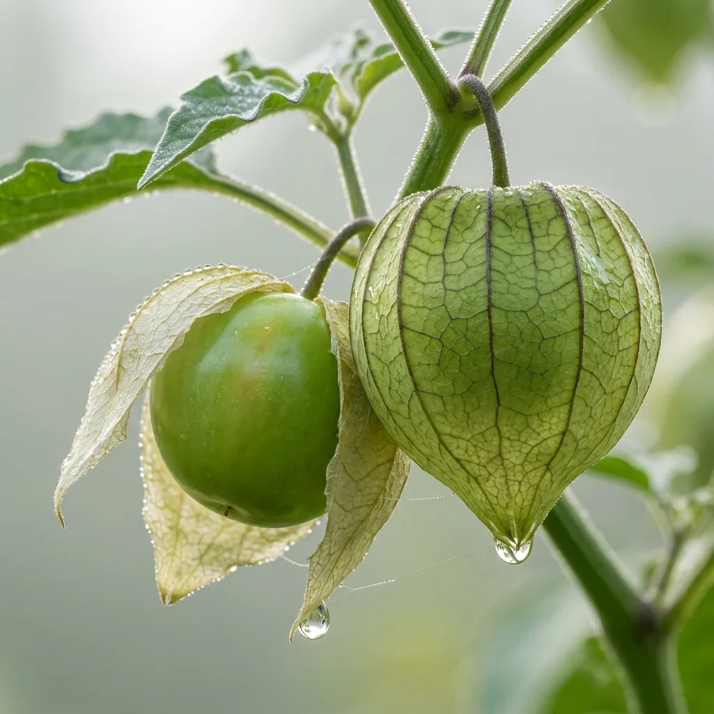 Macro à contre-jour d'un tomatillo vert dans son enveloppe translucide — SemiSauvage