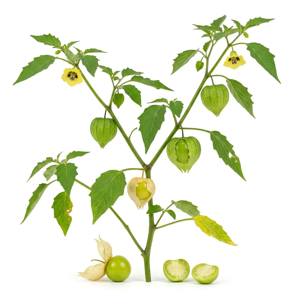 Plante entière de tomatillo verte (Physalis ixocarpa), fruit entier et fruit coupé, sur fond blanc — SemiSauvage