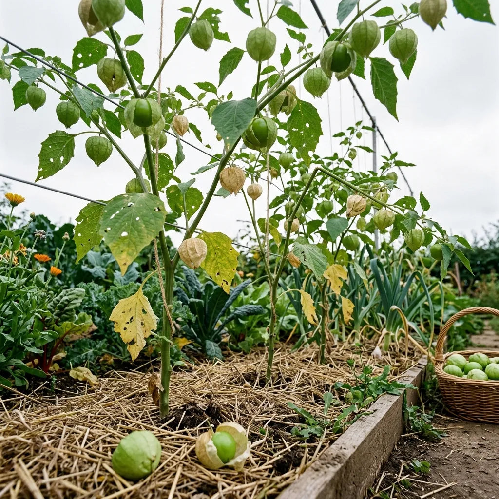 Rang de tomatillos verts palisés sur ficelle dans un potager en permaculture — SemiSauvage
