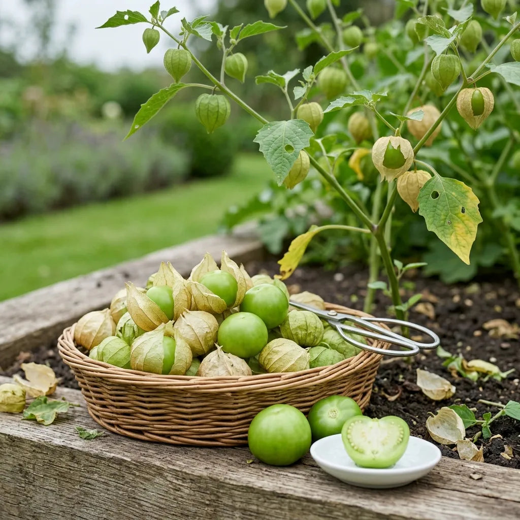 Récolte de tomatillos verts dans leur enveloppe fendue, panier au potager — SemiSauvage