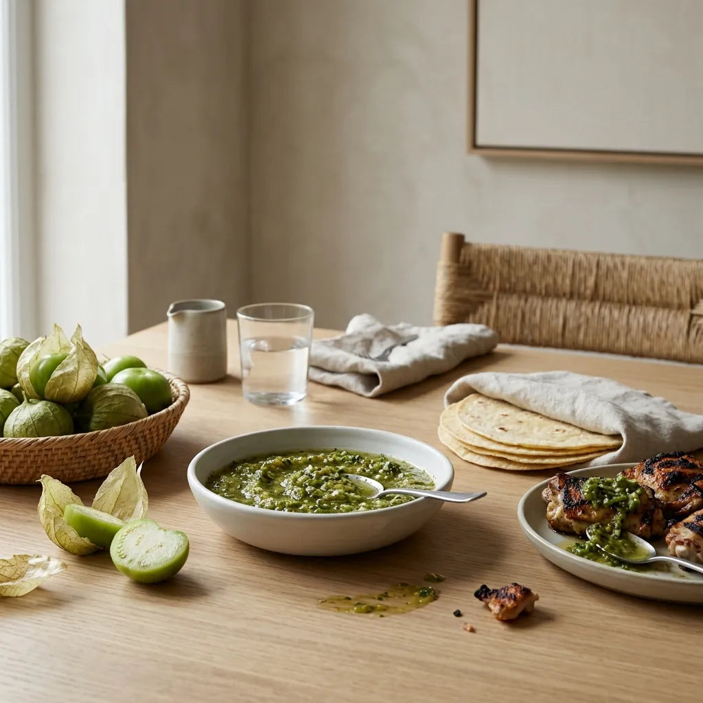 Salsa verde de tomatillos verts servie à table avec tortillas — SemiSauvage