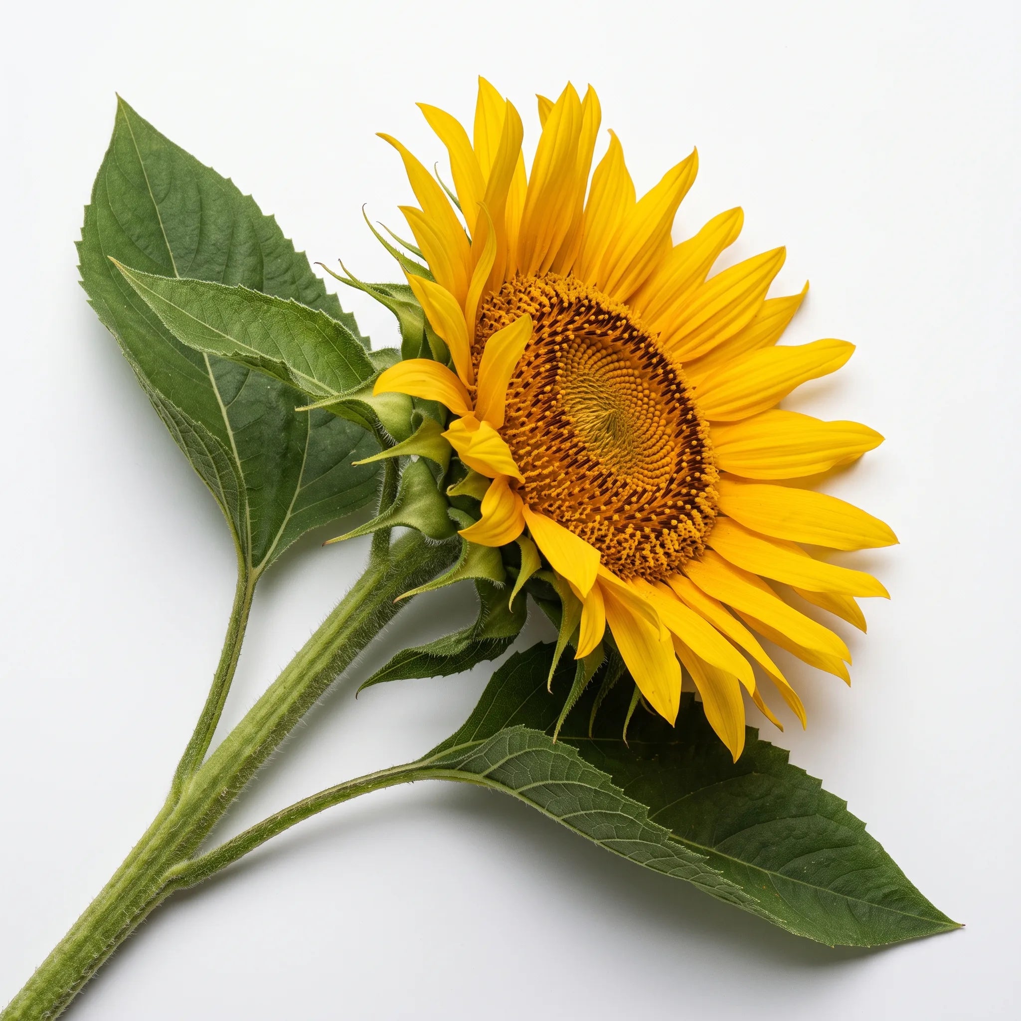 Capitule de tournesol (Helianthus annuus) sur sa tige feuillée, fond blanc — graines reproductibles SemiSauvage