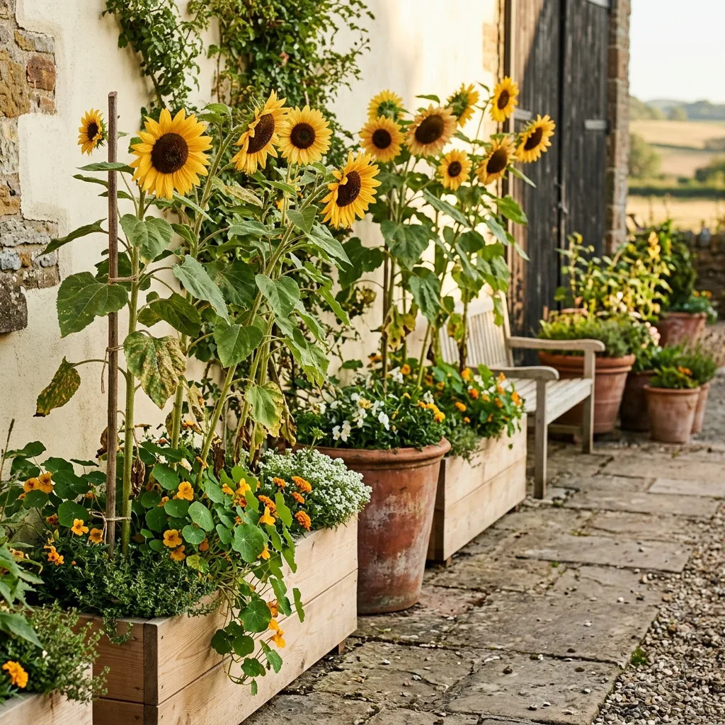 Tournesols cultivés en grands bacs dans une cour de ferme — SemiSauvage