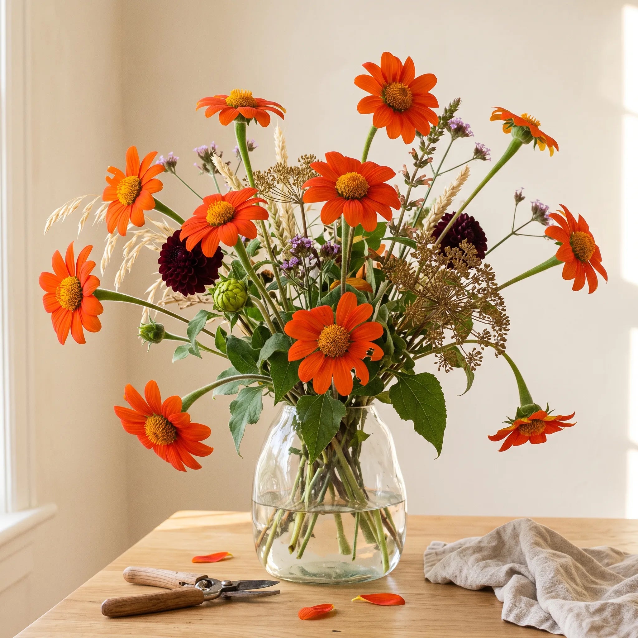 Bouquet d'arrière-saison composé autour des tournesols mexicains