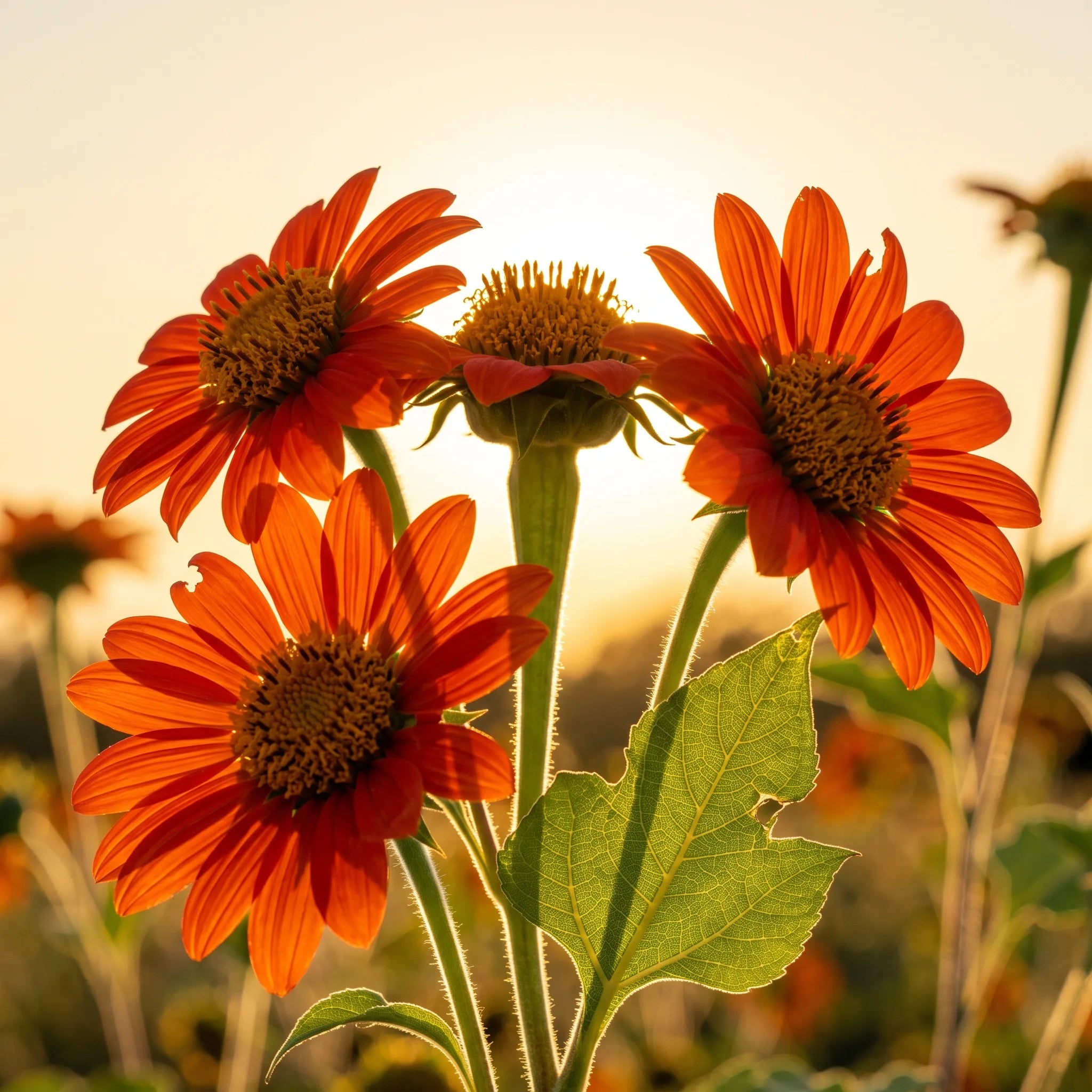 Capitules de tournesol mexicain à contre-jour, ligules orange translucides