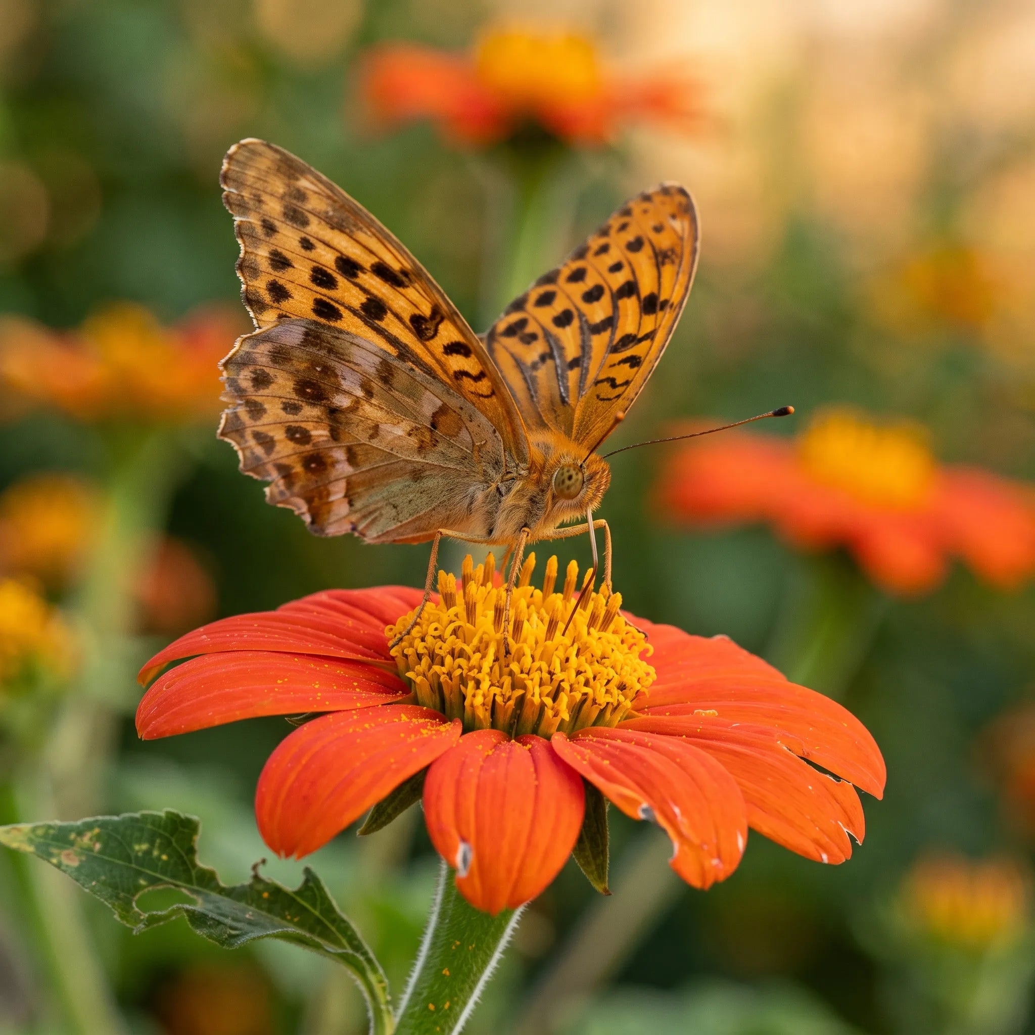Papillon Tabac d'Espagne butinant un tournesol mexicain