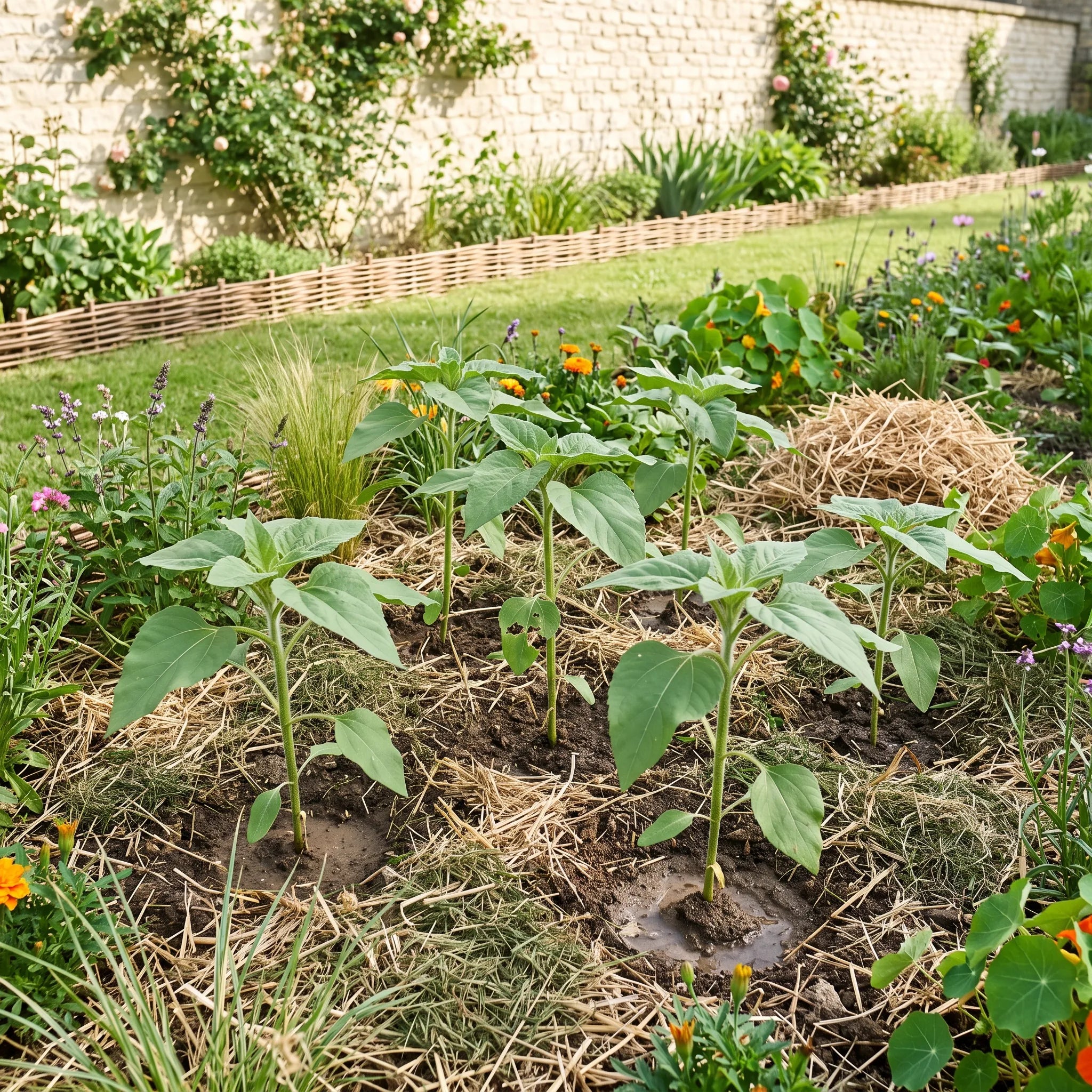 Jeunes plants de tournesol mexicain repiqués au jardin sur sol paillé