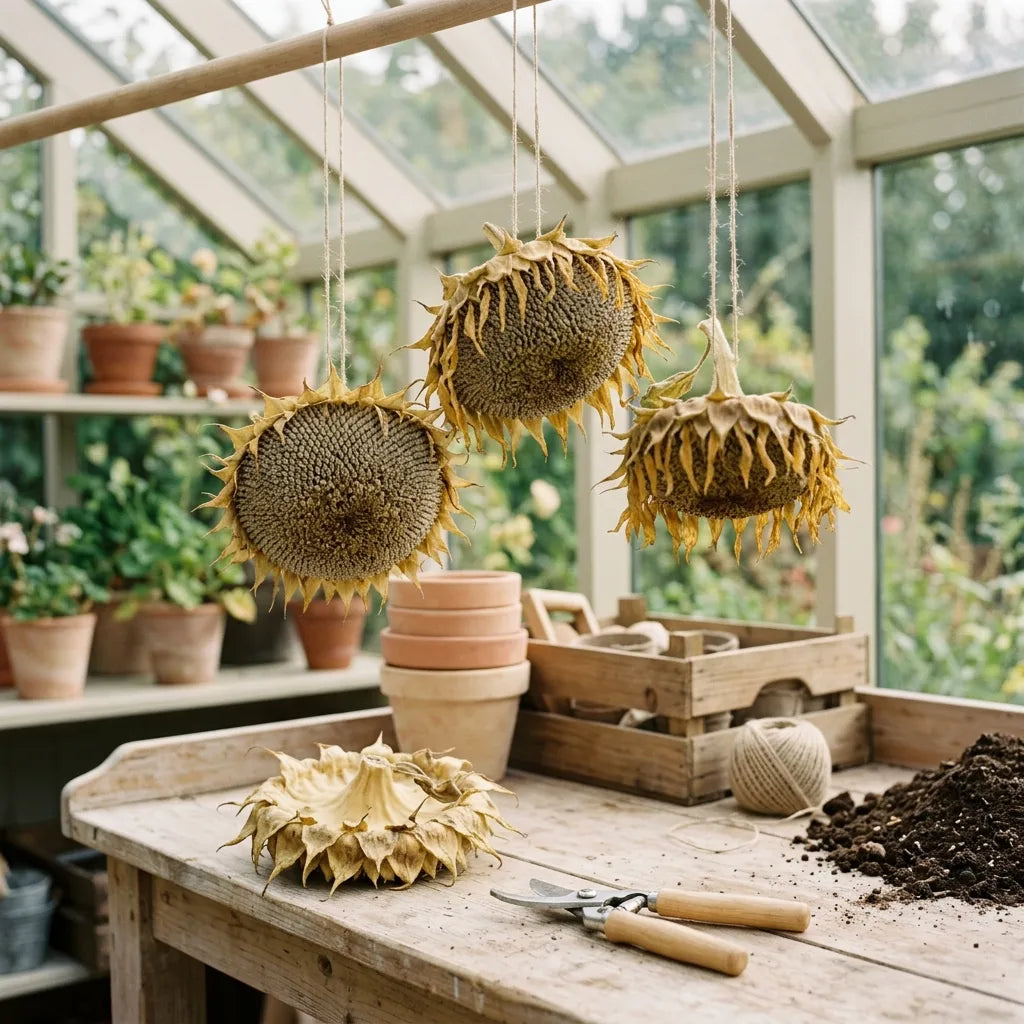 Capitules de tournesol suspendus à sécher dans un atelier de jardin — SemiSauvage