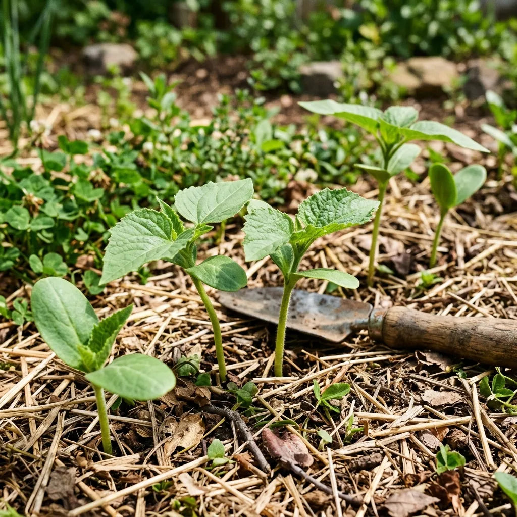 Jeunes plantules de tournesol levées dans un sol paillé — SemiSauvage