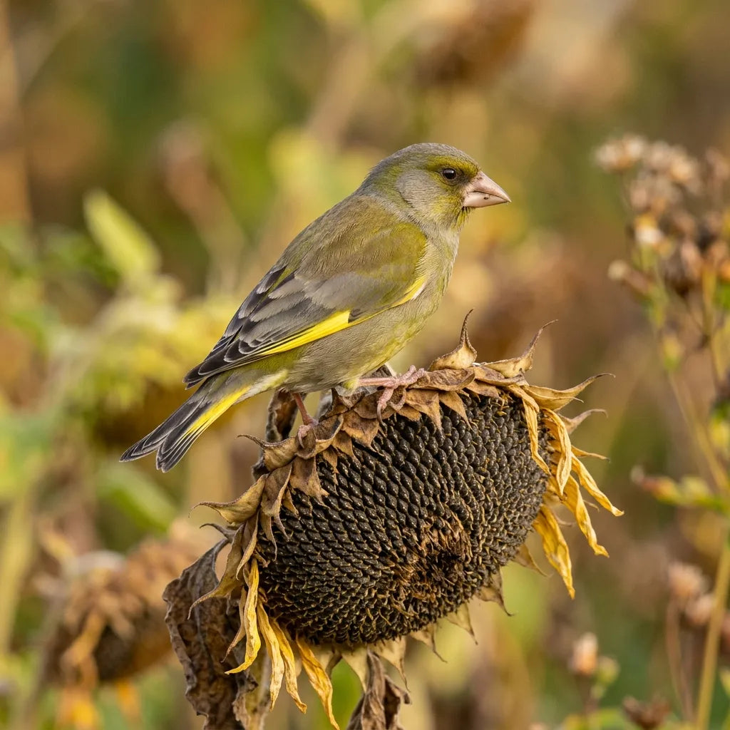 Verdier d'Europe posé sur un capitule de tournesol défleuri — SemiSauvage