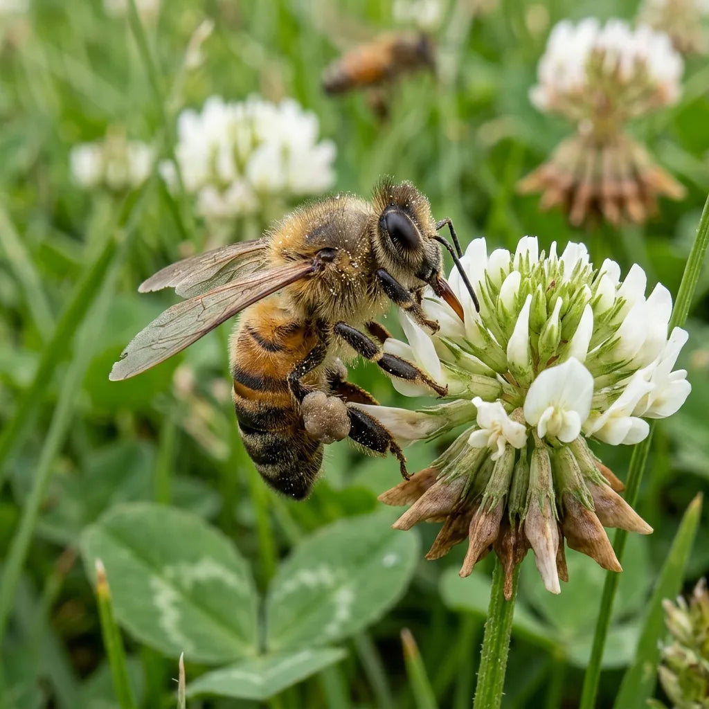 Abeille butinant une tête de trèfle blanc, plante mellifère — SemiSauvage