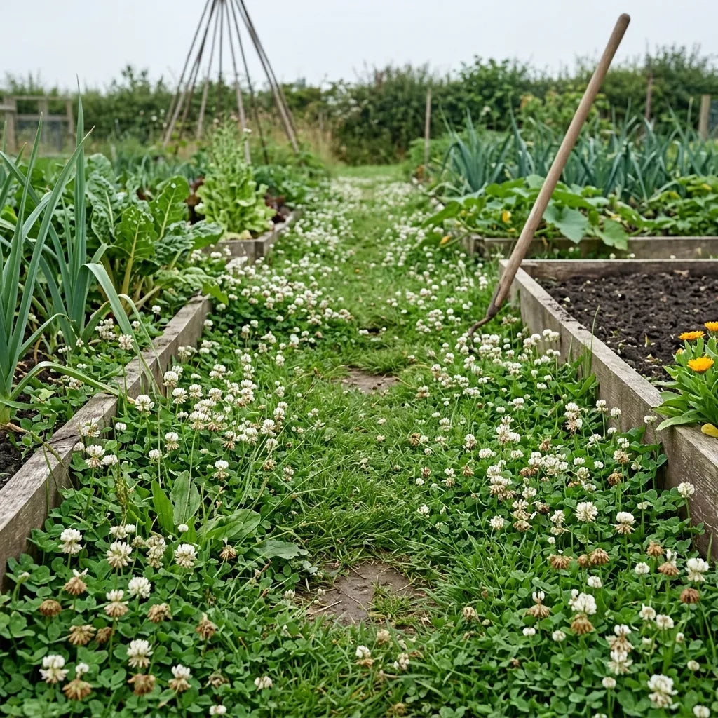 Trèfle blanc en couvre-sol vivant dans les allées d'un potager en permaculture — SemiSauvage