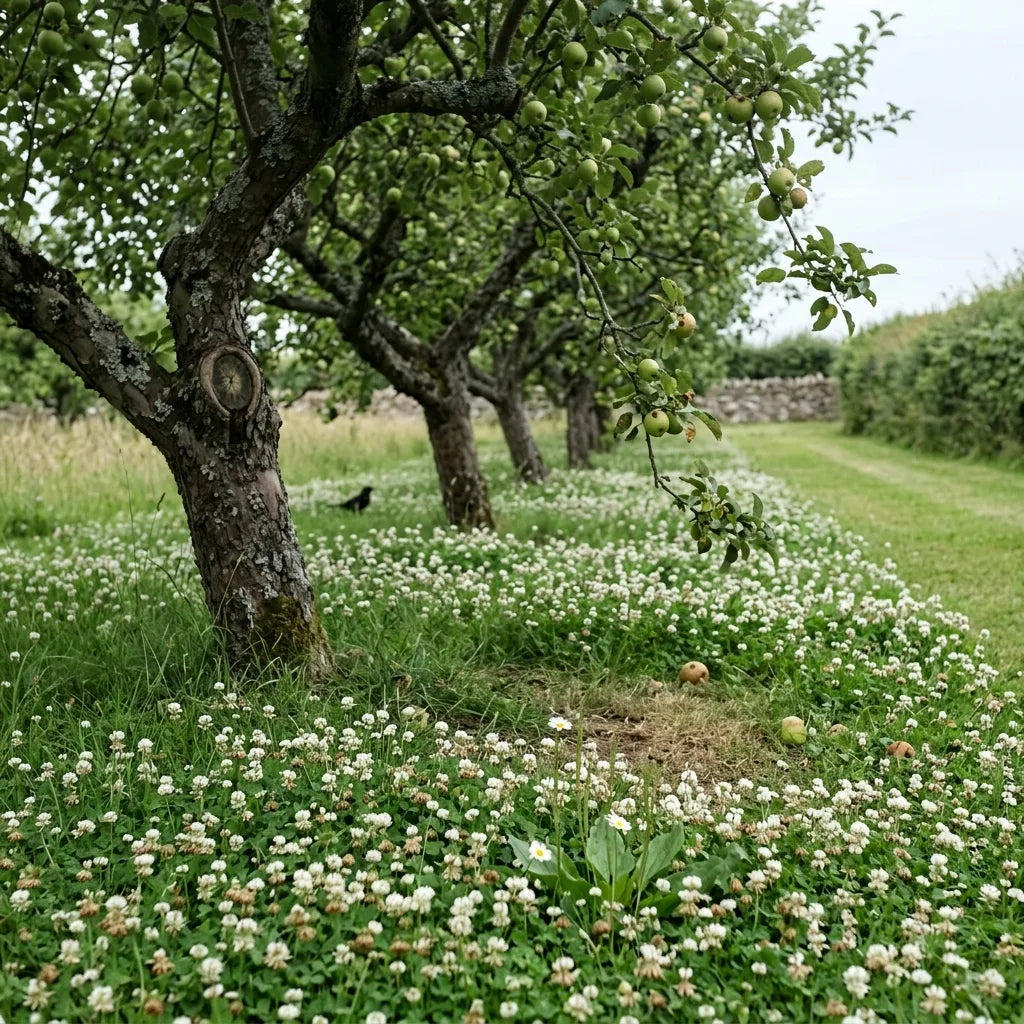 Trèfle blanc en couvre-sol au pied des arbres d'un verger — SemiSauvage