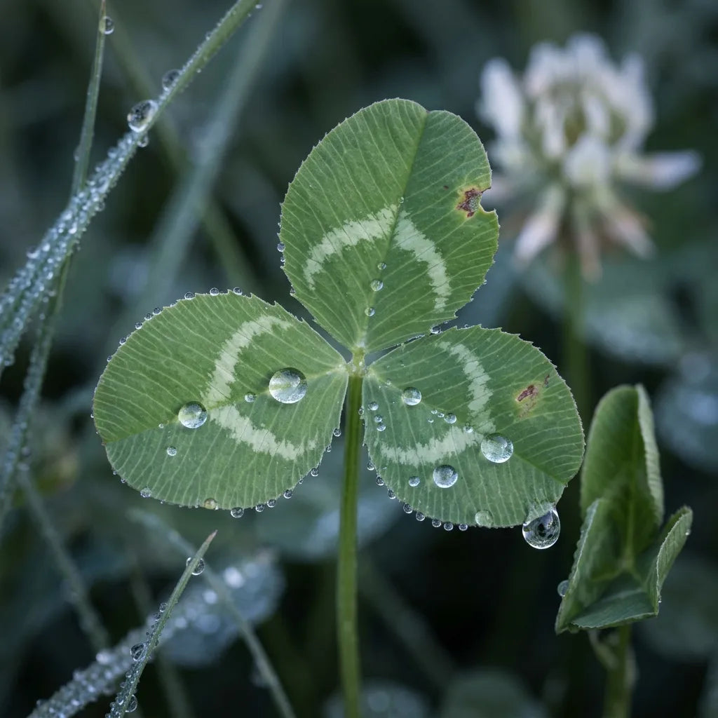 Macro d'une feuille trifoliée de trèfle blanc et de son croissant pâle, couverte de rosée — SemiSauvage